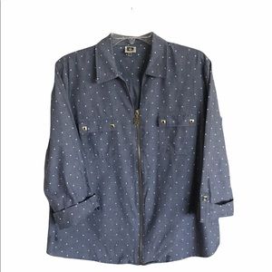 Denim style star print zip up shirt Anne Klein size XL